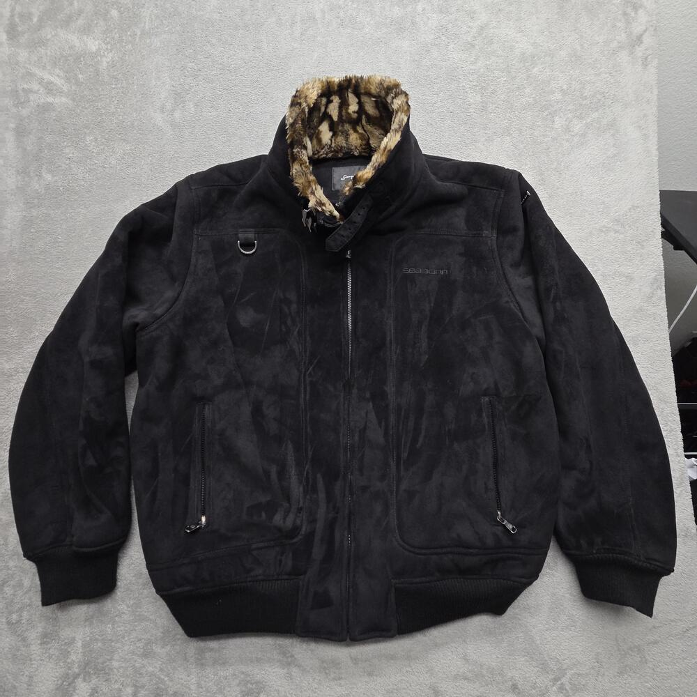 Sean John Jacket Mens 2XL Black Suede Bomber Faux Fur Lined Insulated Full Zip